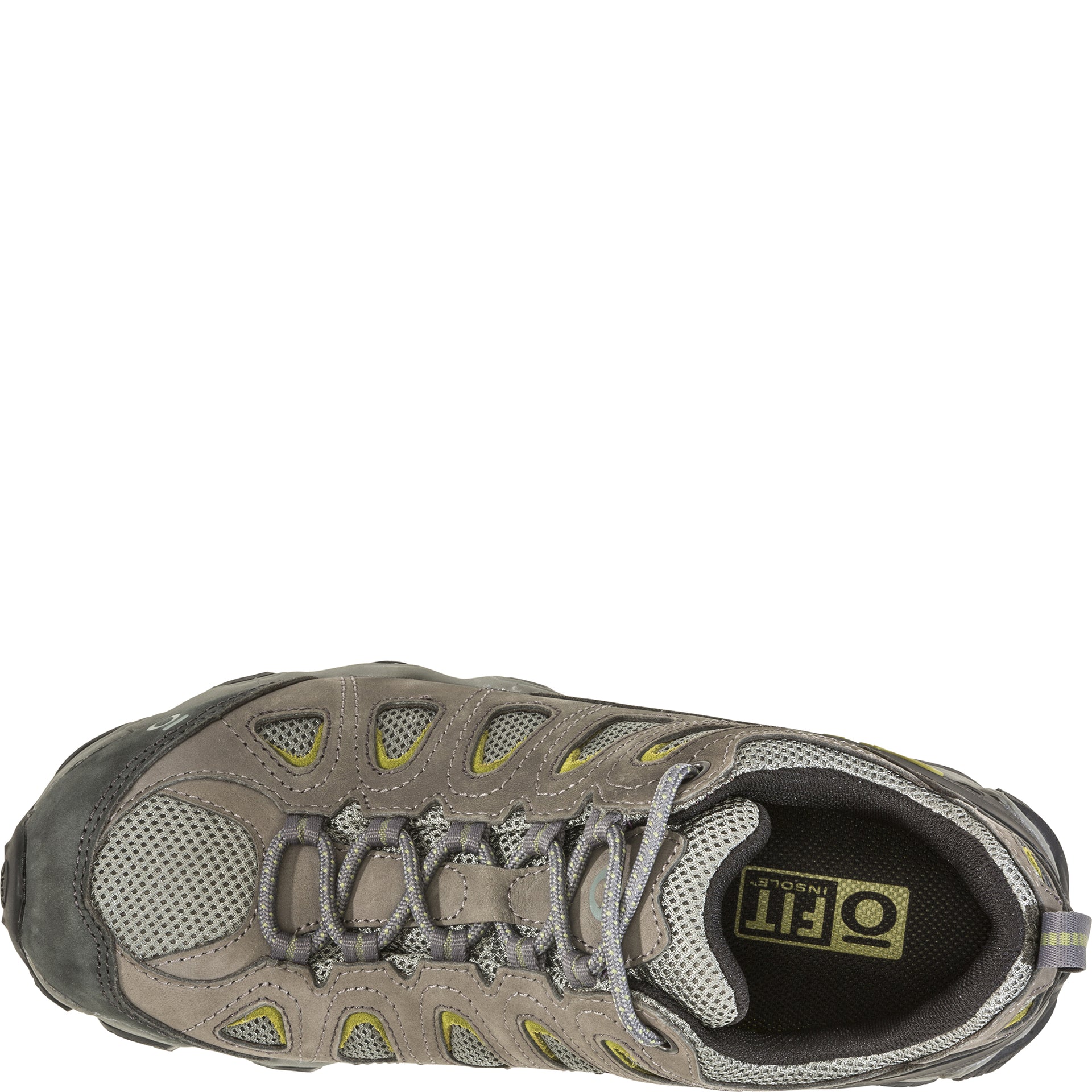 Oboz Men’s Sawtooth II Low shoe, top view showing the shoelaces and O Fit insole