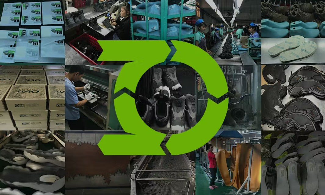 Collage of shoe manufacturing process with a green logo overlay