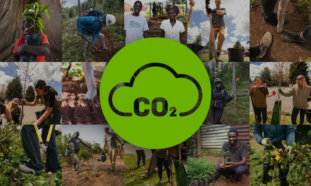 Collage of people engaging in environmental activities with a CO2 logo overlay.