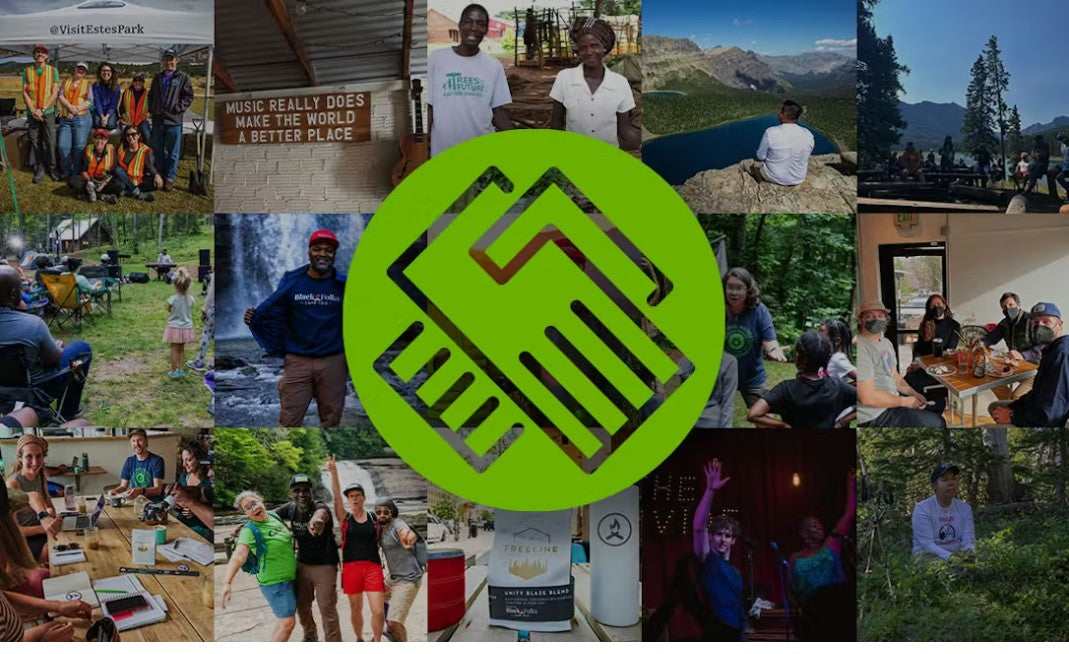 Collage of people outdoors with a green handshake icon overlay