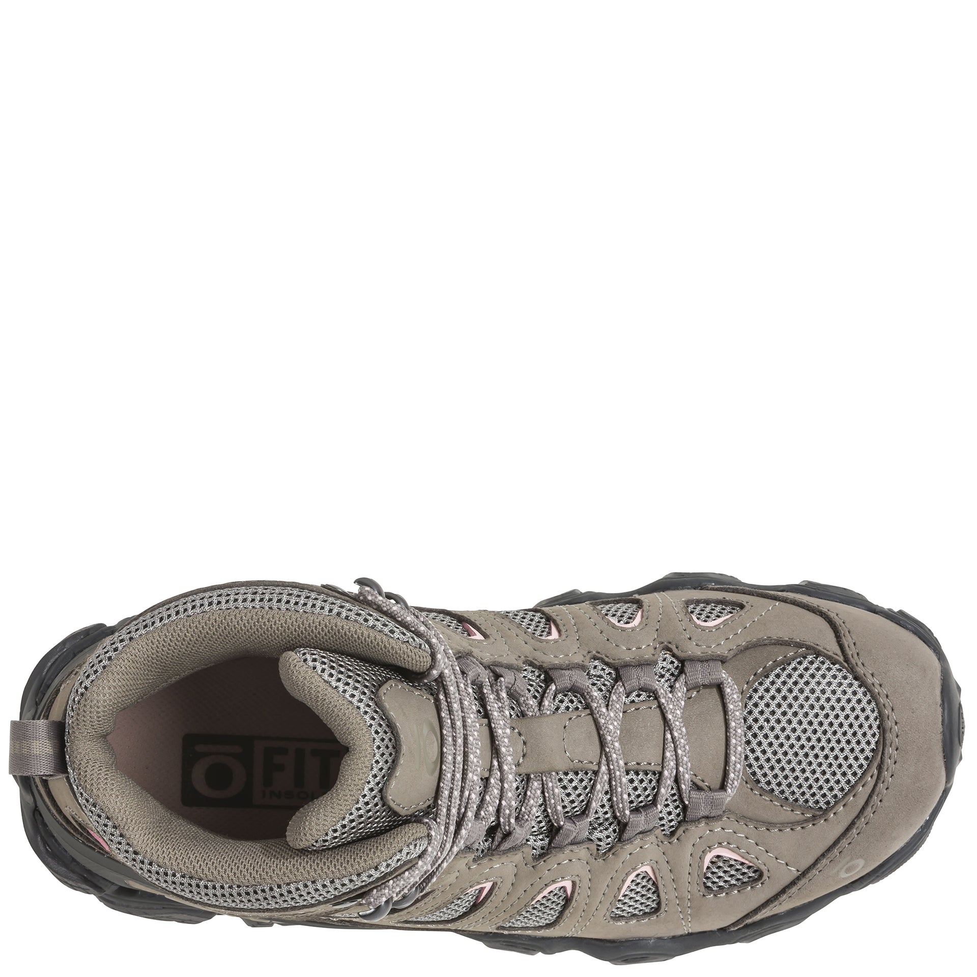 Sawtooth II Mid top view of a mid hiking shoe, showing the lace layout, tongue construction, and O Fit Insole