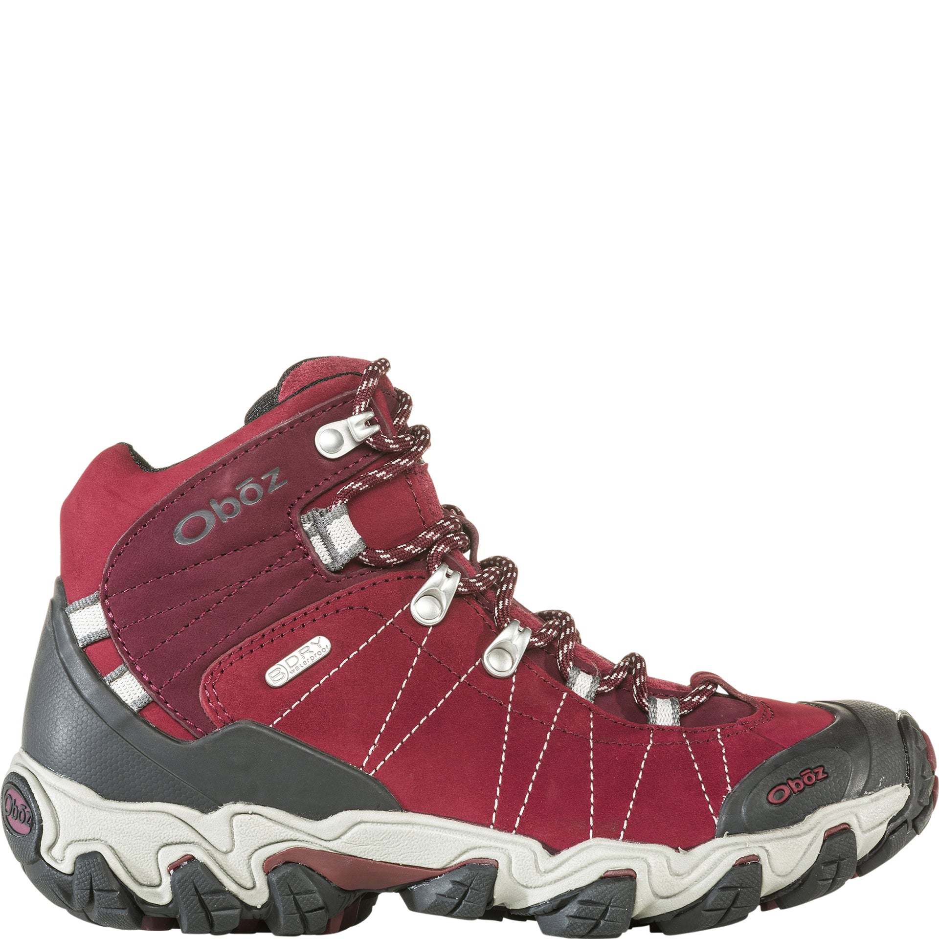 Women's Oboz Bridger Mid in Rio Red outside view showing B-DRY waterproof upper, supportive heel cup, and lace closure for trail-ready stability