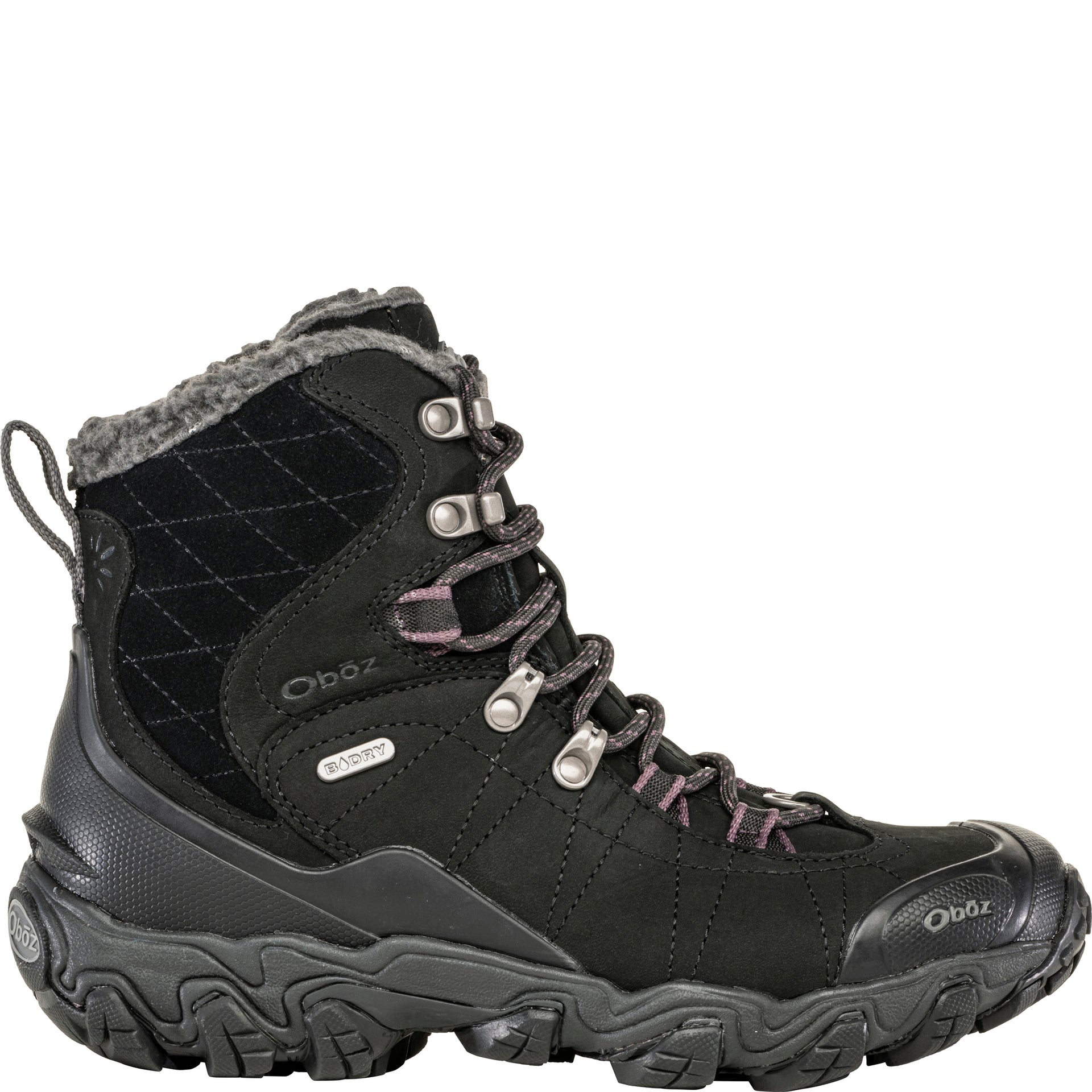 Women's Oboz Bridger 7" Insulated B-Dry in Black outside view showing the leather waterproof upper