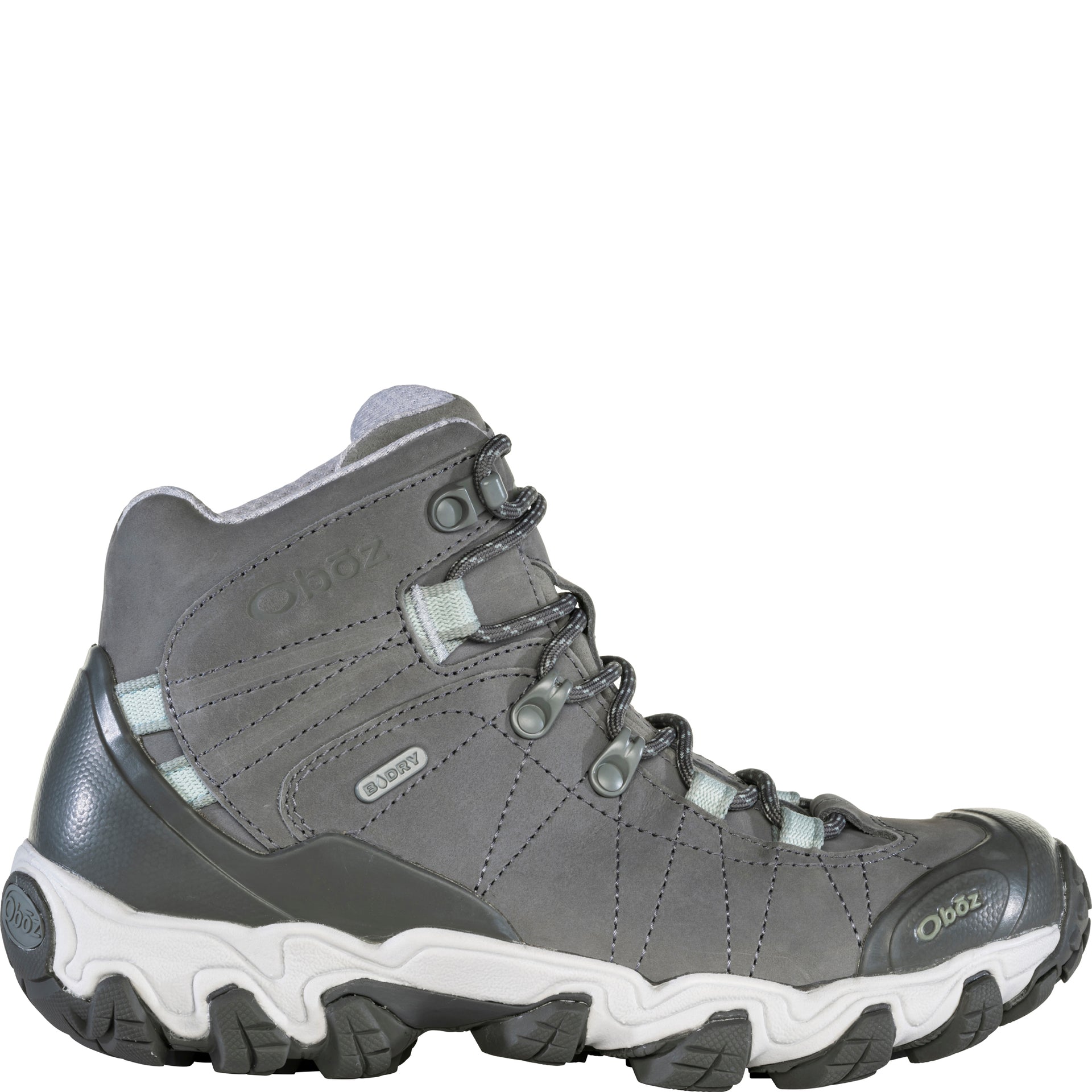 Women's Oboz Bridger Mid in Hazy Gray outside view showing B-DRY waterproof upper, supportive heel cup, and lace closure for trail-ready stability
