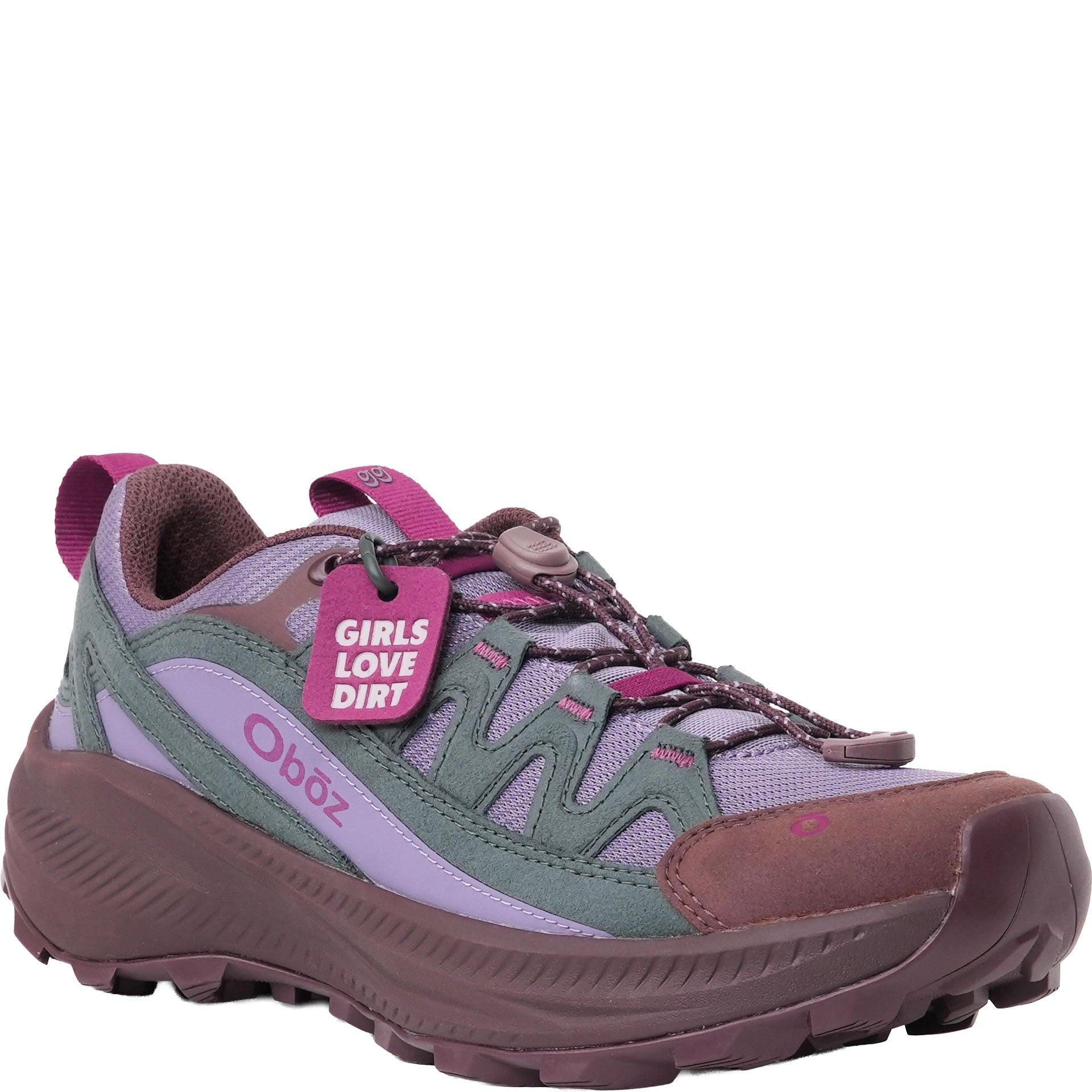 Multicolored hiking shoe with a 'Girls Love Dirt' tag on a white background