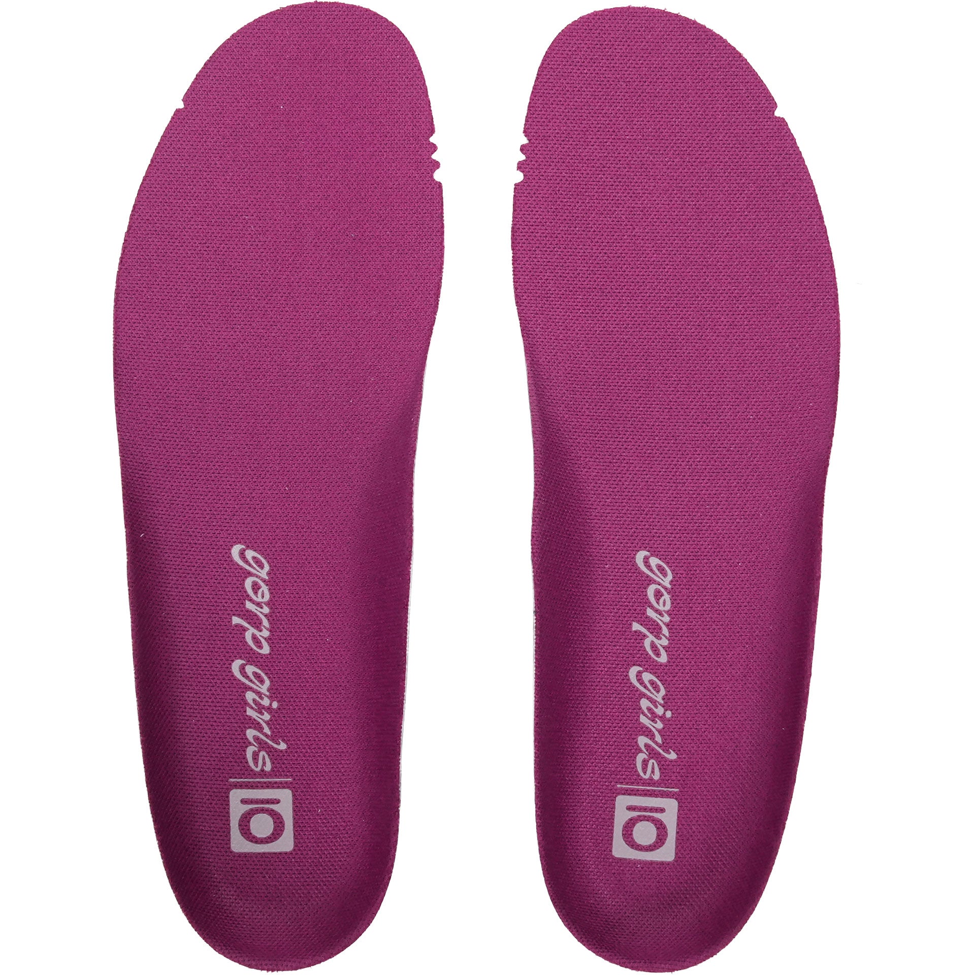 Pair of pink Oboz x GorpGirls shoe insoles on a white background