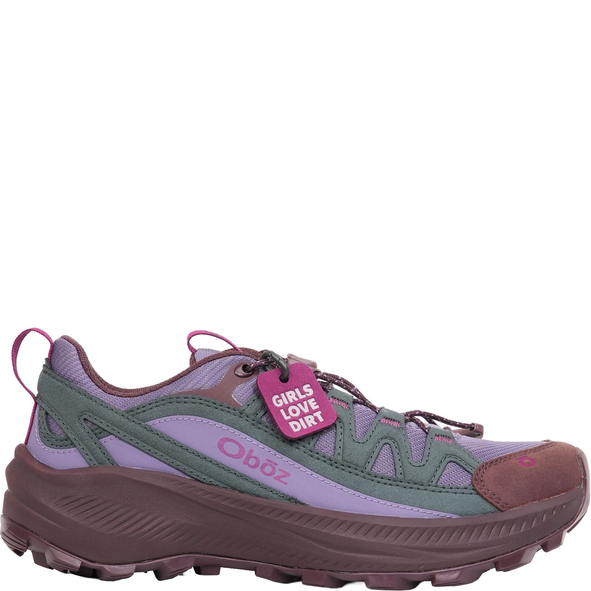 Purple and brown hiking shoe with 'Oboz' branding on a white background