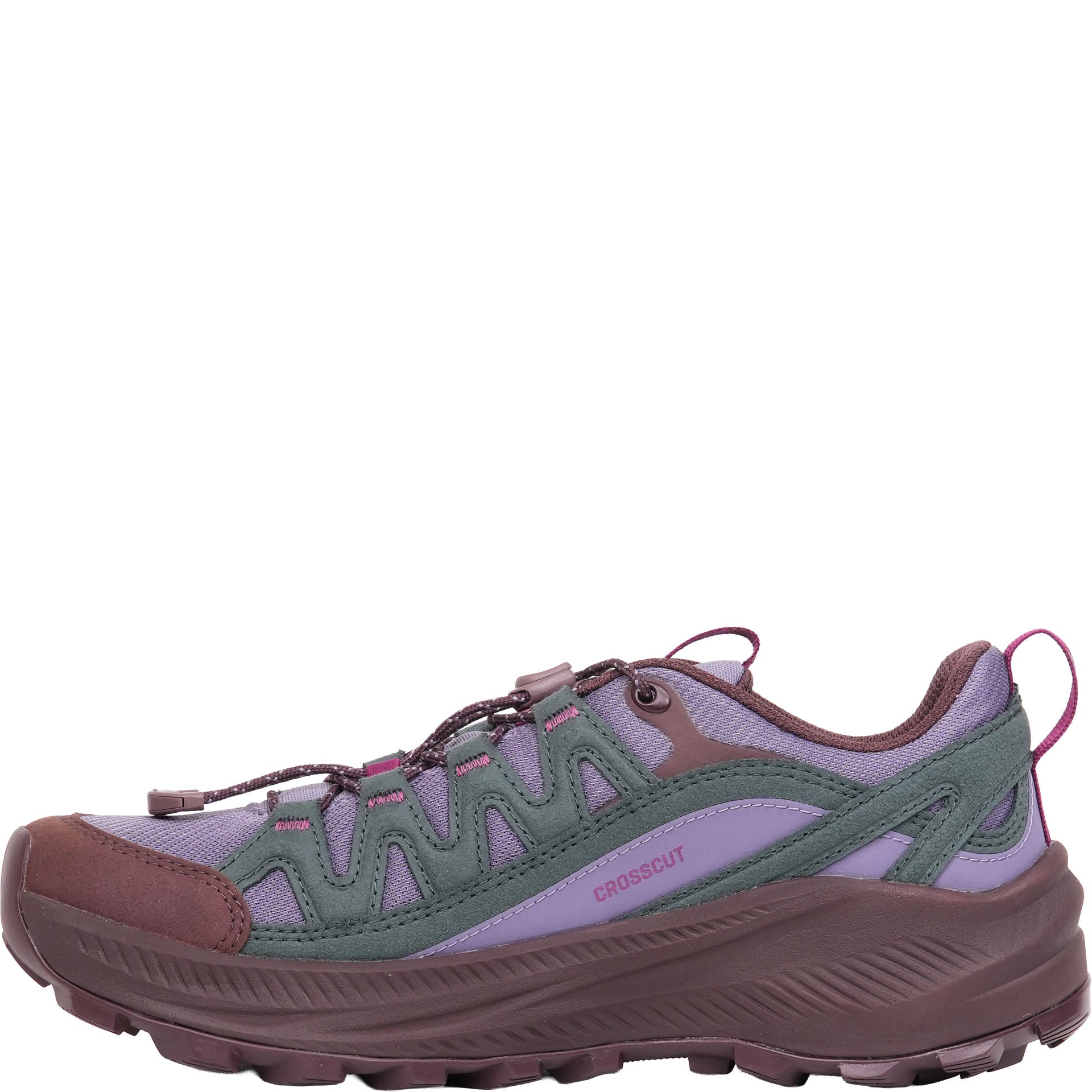 Multicolored sneaker with brown, green, and purple accents on a white background