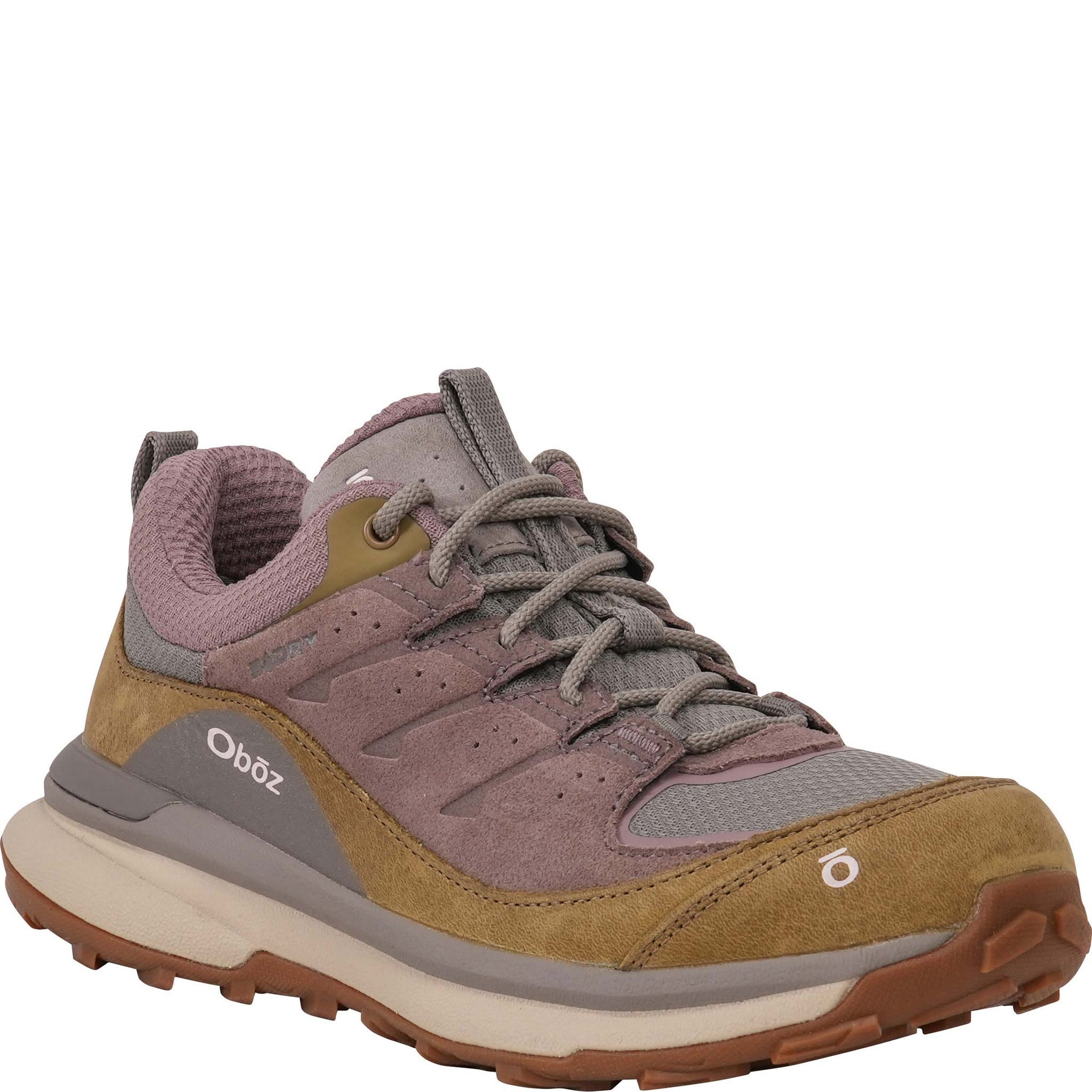 Women's Oboz Hyalite Low Waterproof hiking shoe featuring a color-blocked design with dusty mauve, and taupe shown on a plain white background.