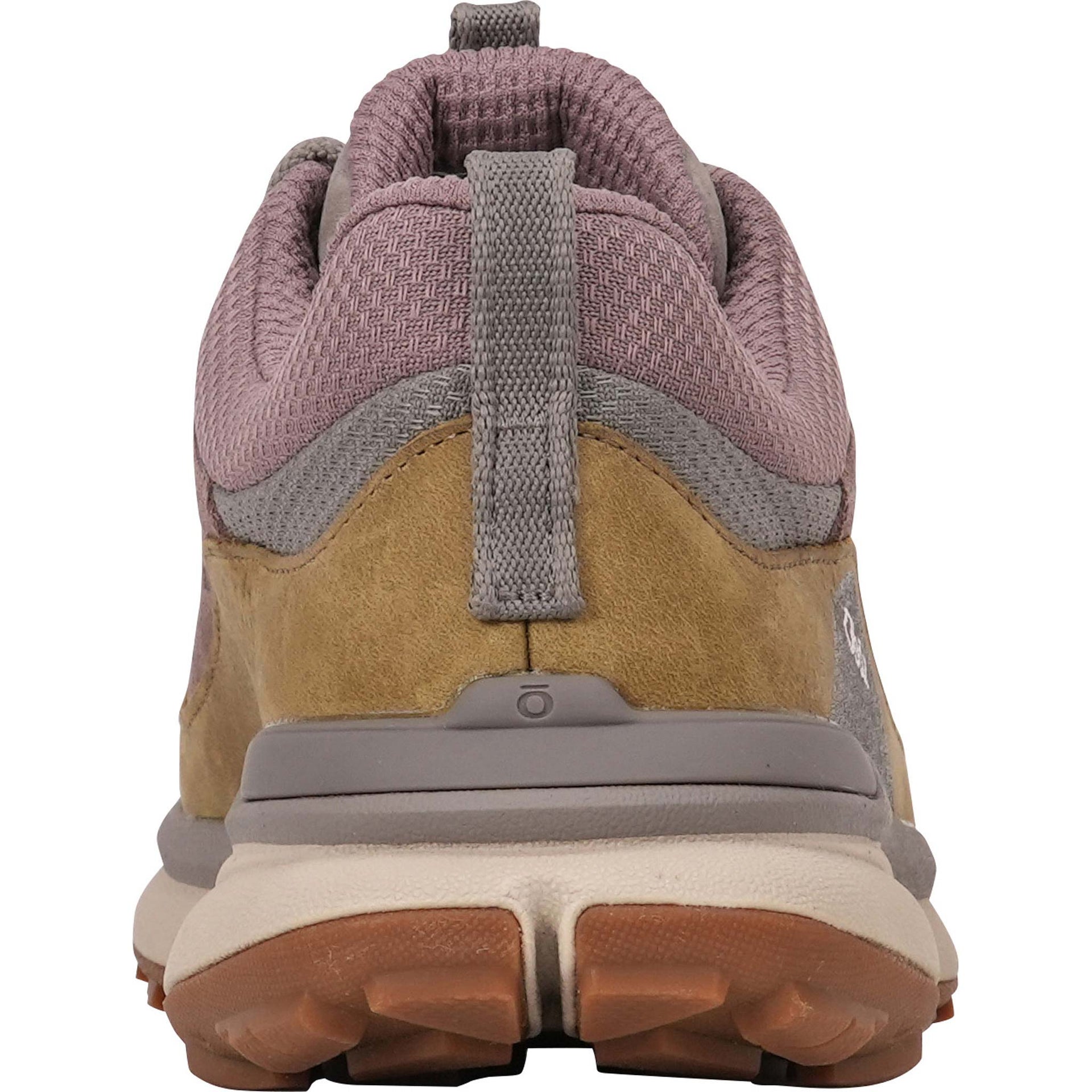 A close-up rear view of a Women's Oboz Hyalite Low Waterproof in Fig showing the heel pull tab.