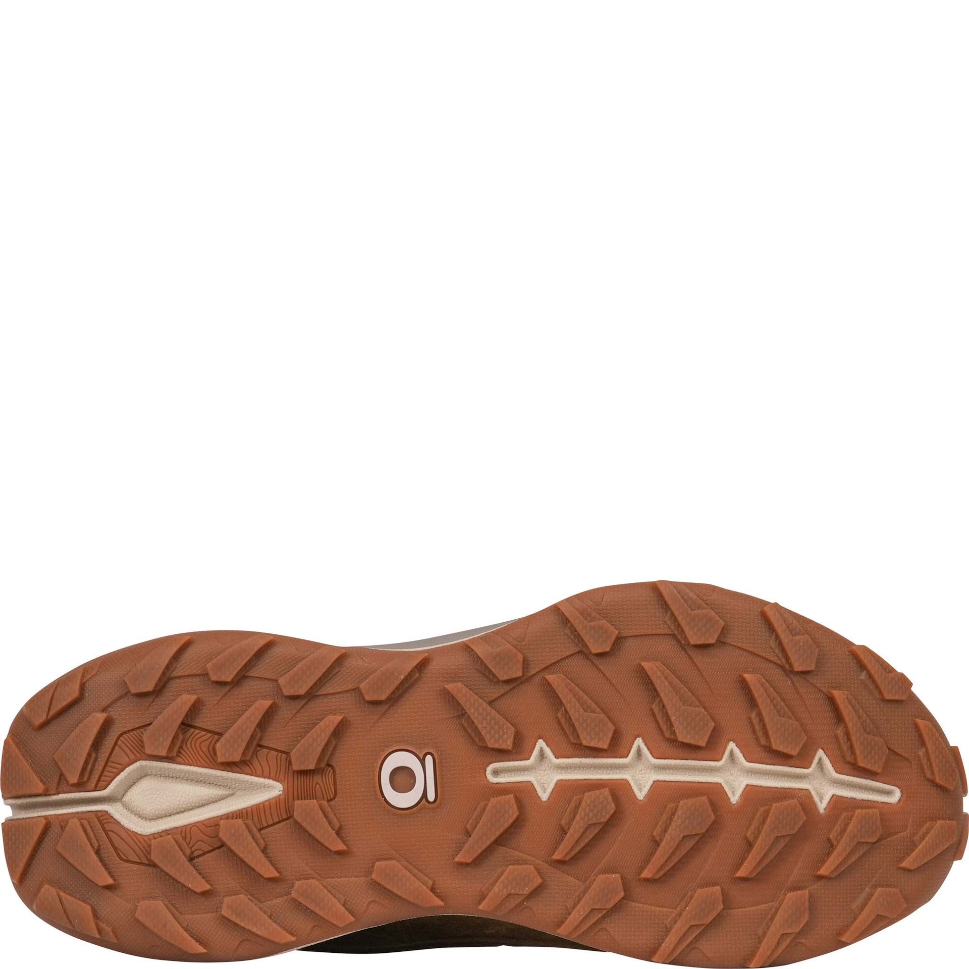 Close-up the women's Oboz Hyalite tread patterns and a small white Oboz logo, on a plain white background.