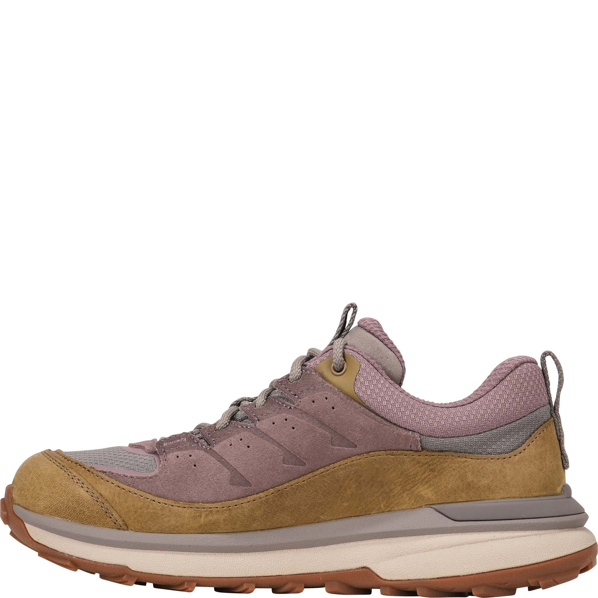Inside view of Oboz Hyalite Low Waterproof in Fig with a thick beige and gray midsole and a brown outsole, shown from a side profile on a white background.