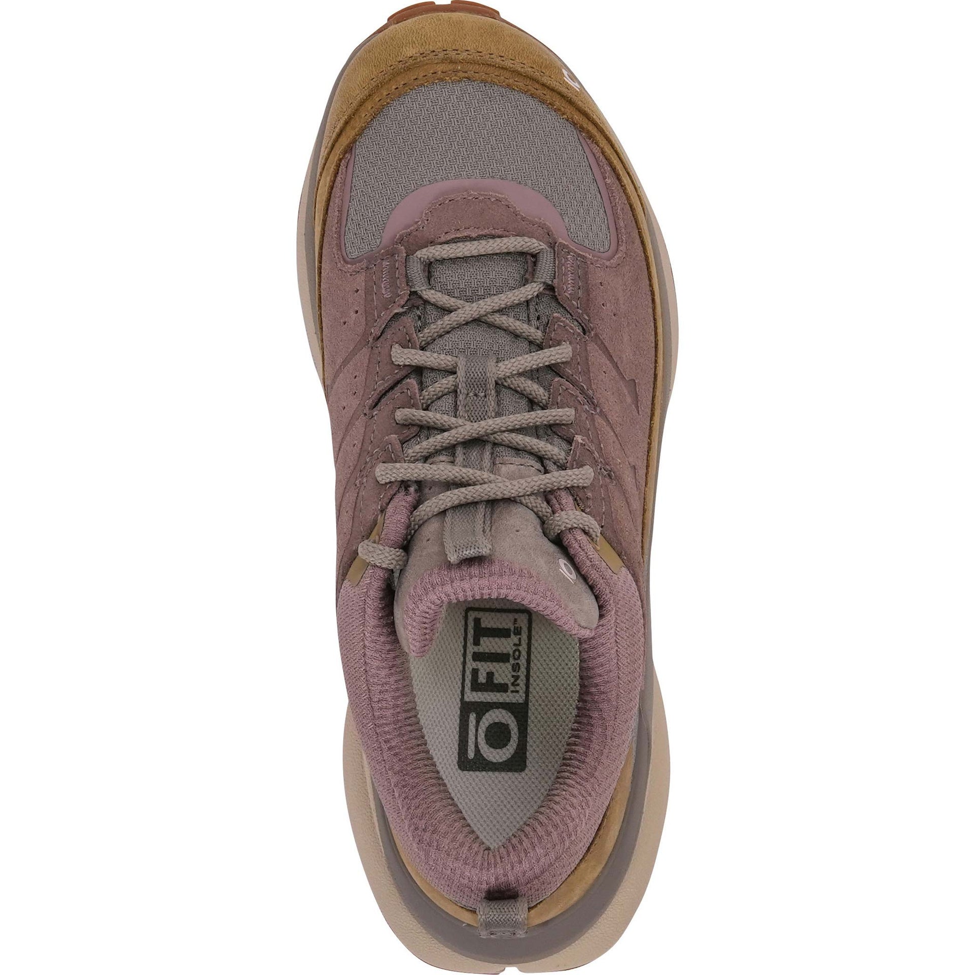 A top-down view of a women's Oboz Hyalite Low Waterproof in Fig showing the lace closure on a white background.