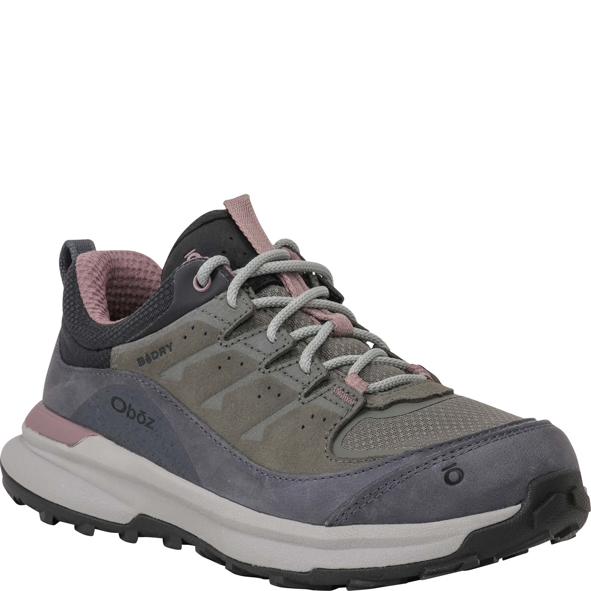 Women's Oboz Hyalite Low Waterproof hiking shoe with dusty pink accents, grey laces, and a grey sole, shown from a three-quarters angle on a white background.