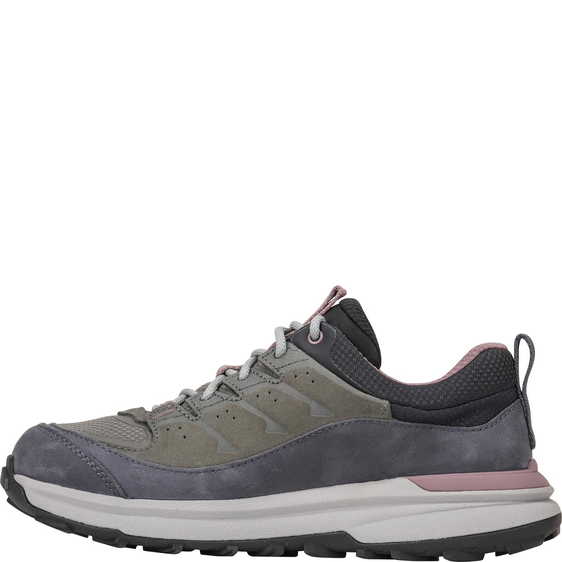 Inside view of Oboz Hyalite Low Waterproof in Olive Branch with a thick white midsole, black outsole, and a dusty pink accent on the heel and tongue.