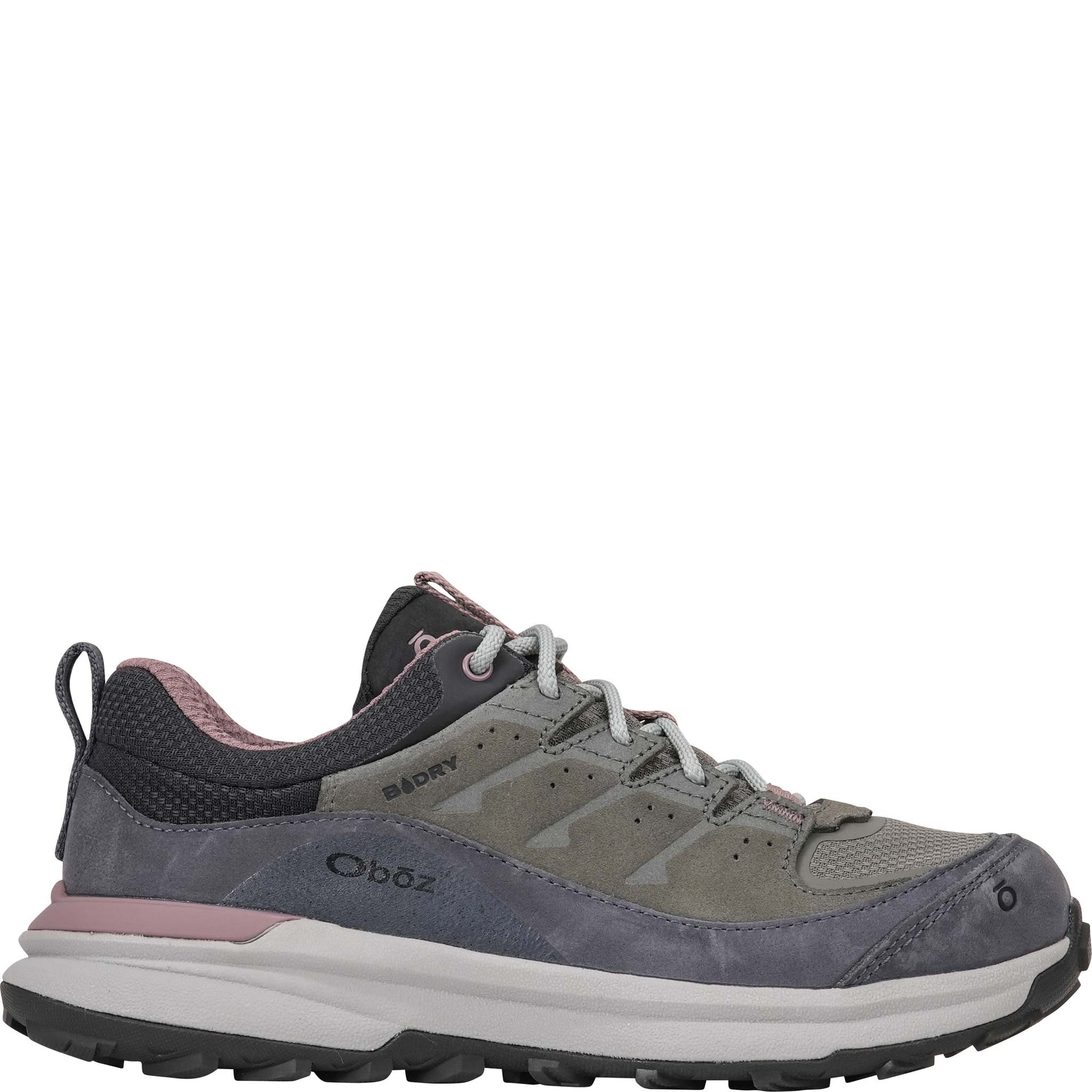 A single women's Oboz Hyalite Low Waterproof hiking shoe in Olive Branch gray, shown from a side profile on a plain white background.