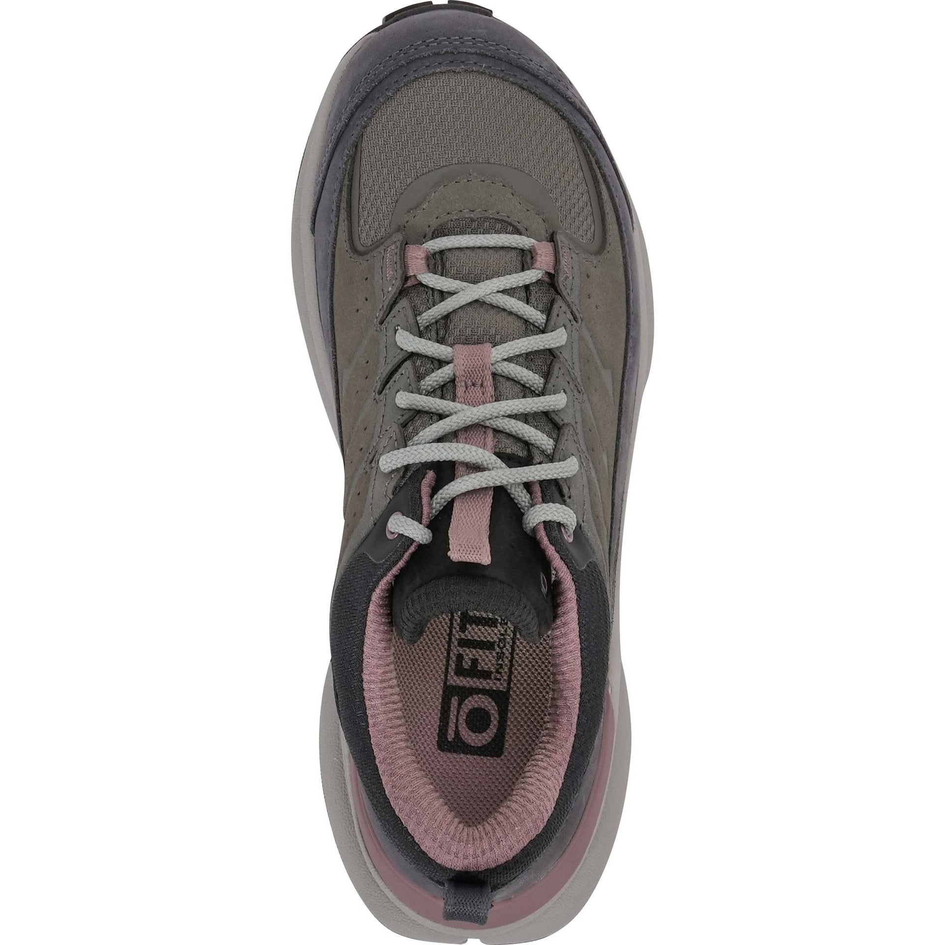 A top-down view of a women's Oboz Hyalite Low Waterproof in Olive Branch grayshowing the lace closure on a white background.