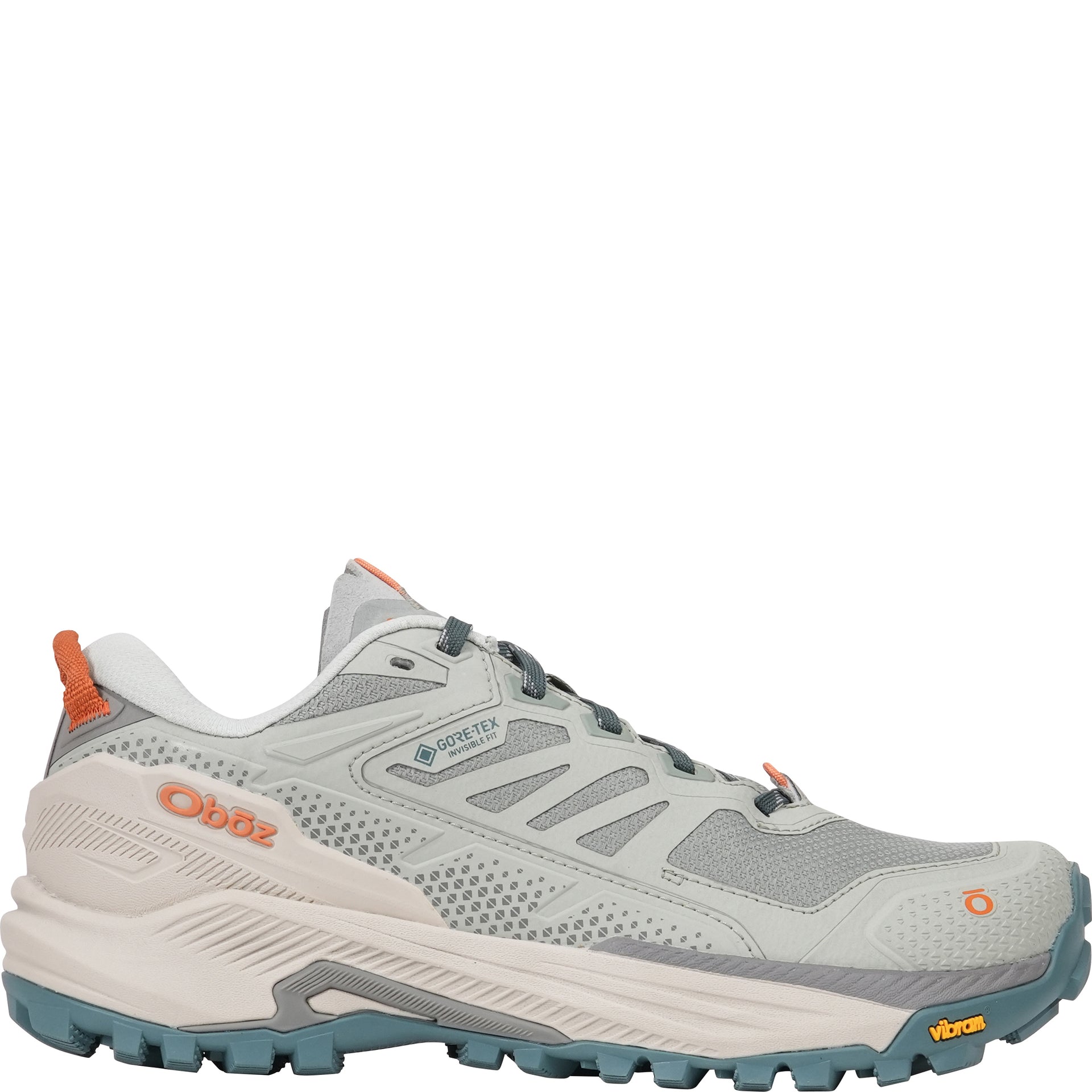 Women's Oboz Katabatic RT Low GTX Waterproof in Lake Trout outside view showing ballistic mesh upper, GORE-TEX Invisible Fit, and supportive heel
