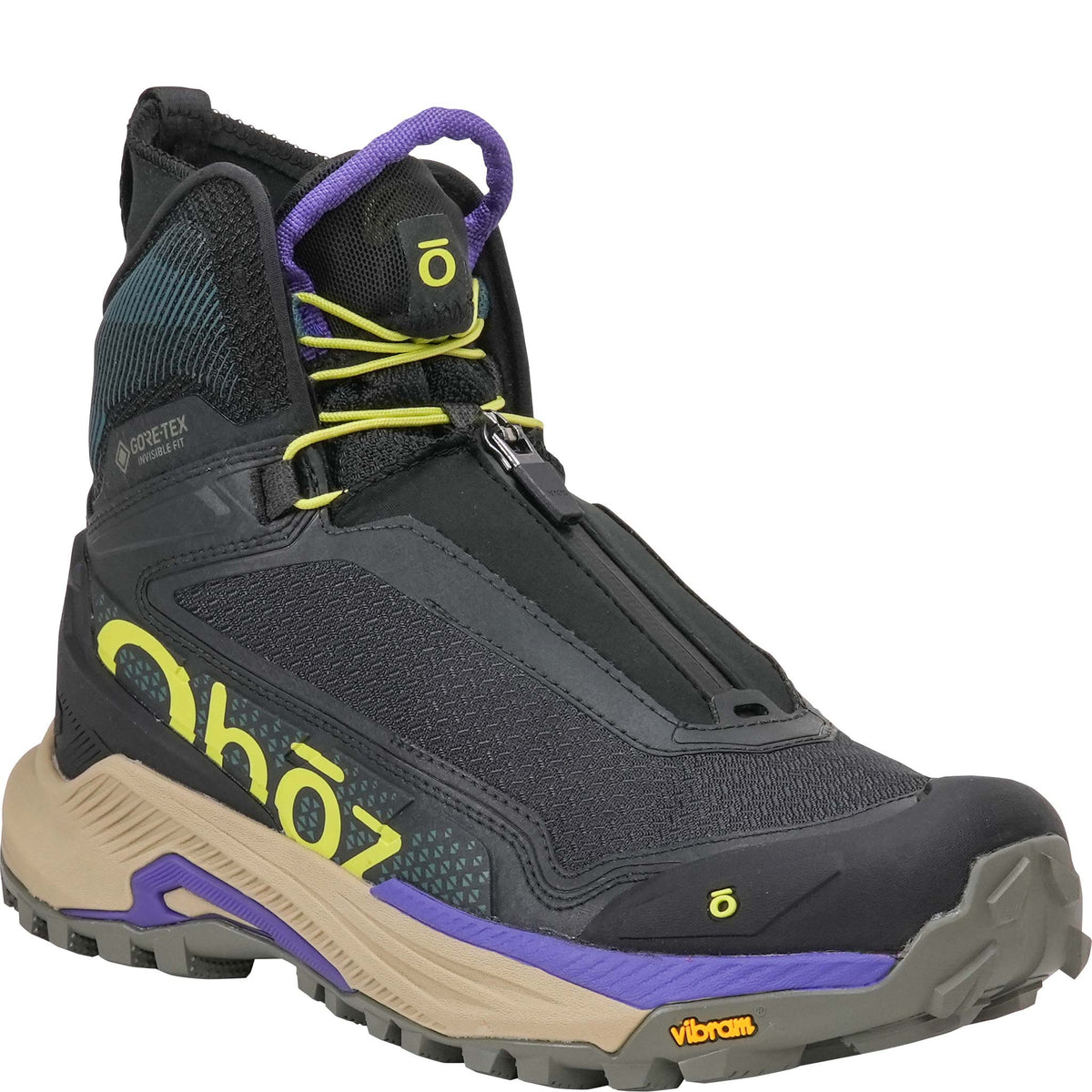 Angled view of the women's Katabatic Storm winter insulated hiking boot from Oboz, featuring a dark gray and black mesh upper with purple accents, neon yellow laces and logo, a beige midsole, and a Vibram outsole, shown on a plain white background.