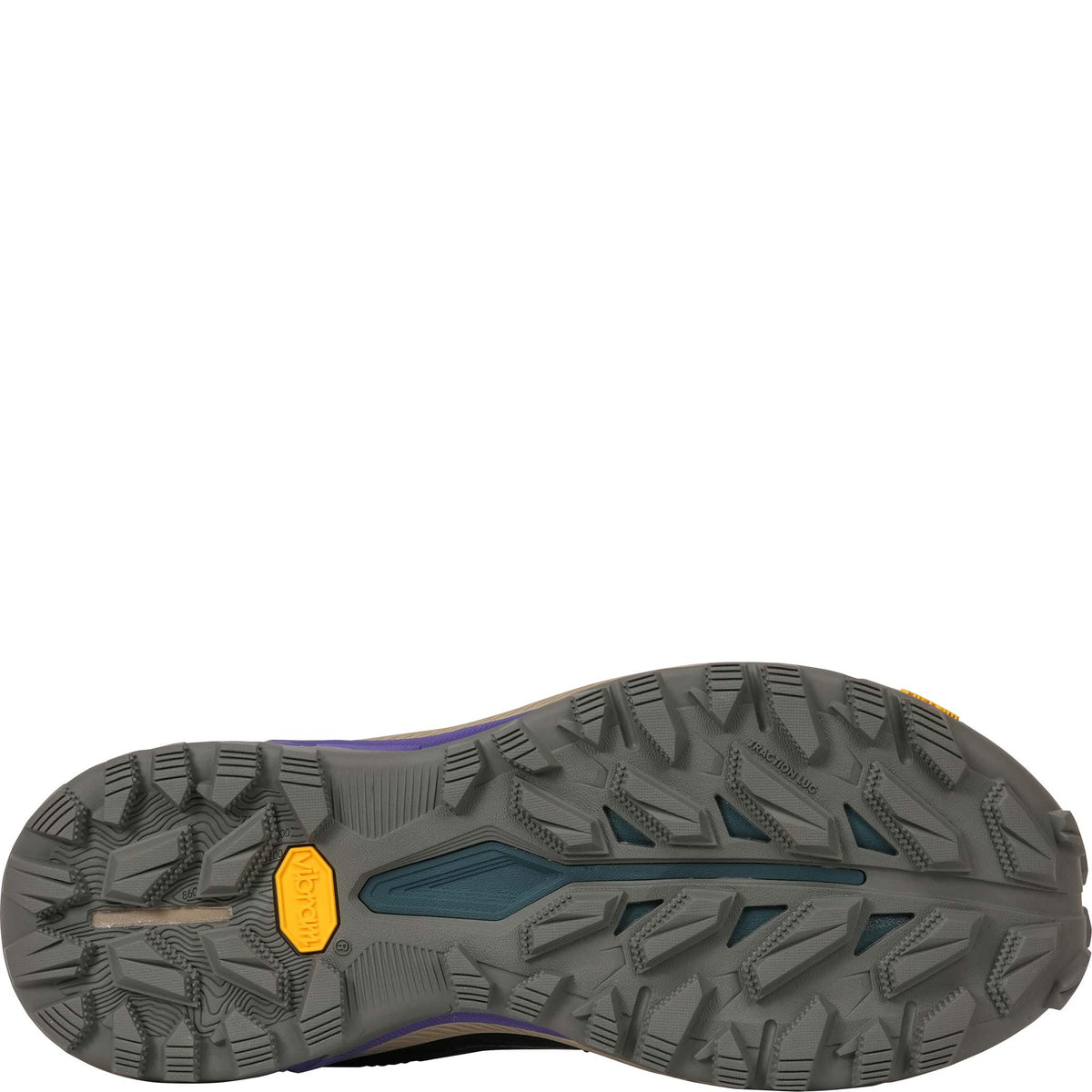 The rugged outsole of the Oboz Sawtooth Ascent insulated boot, shown from the bottom with a textured lugged pattern, a dark teal center channel, and a small yellow Vibram logo.