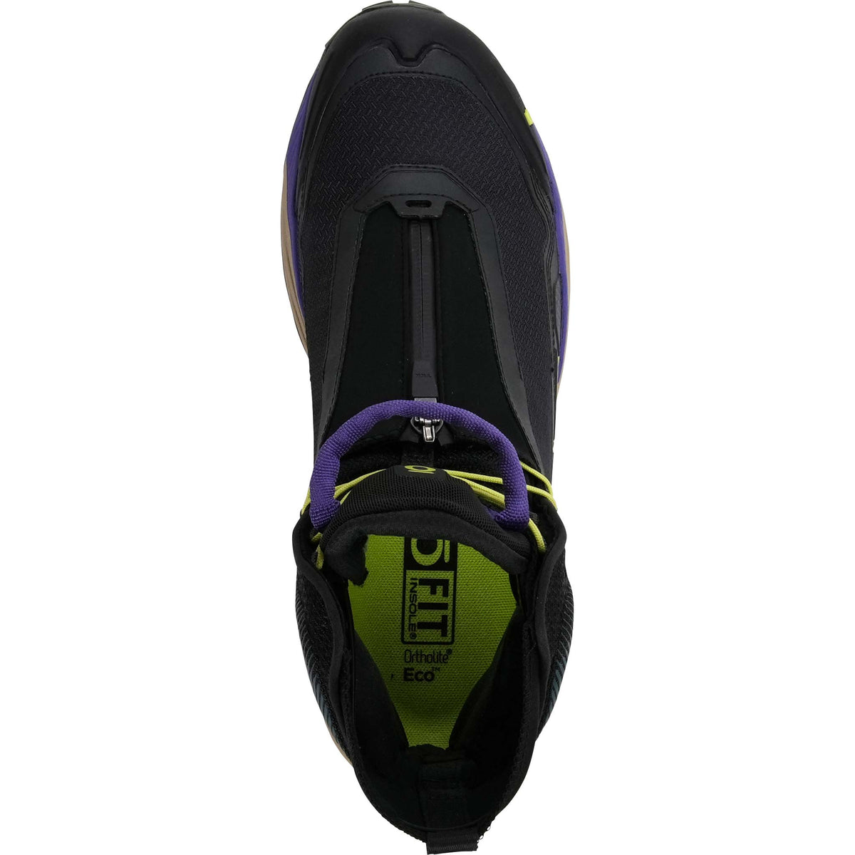 A top-down view of the Oboz Katabatic Storm with a black and dark gray athletic shoe with purple and neon yellow accents, featuring the O Fit insole.