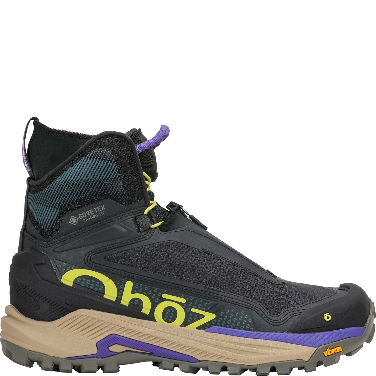 Outside view of the women's Katabatic Storm winter insulated hiking boot from Oboz, featuring a dark gray and black mesh upper with purple accents, Gore-Tex waterproofing and a Vibram outsole, shown on a plain white background.