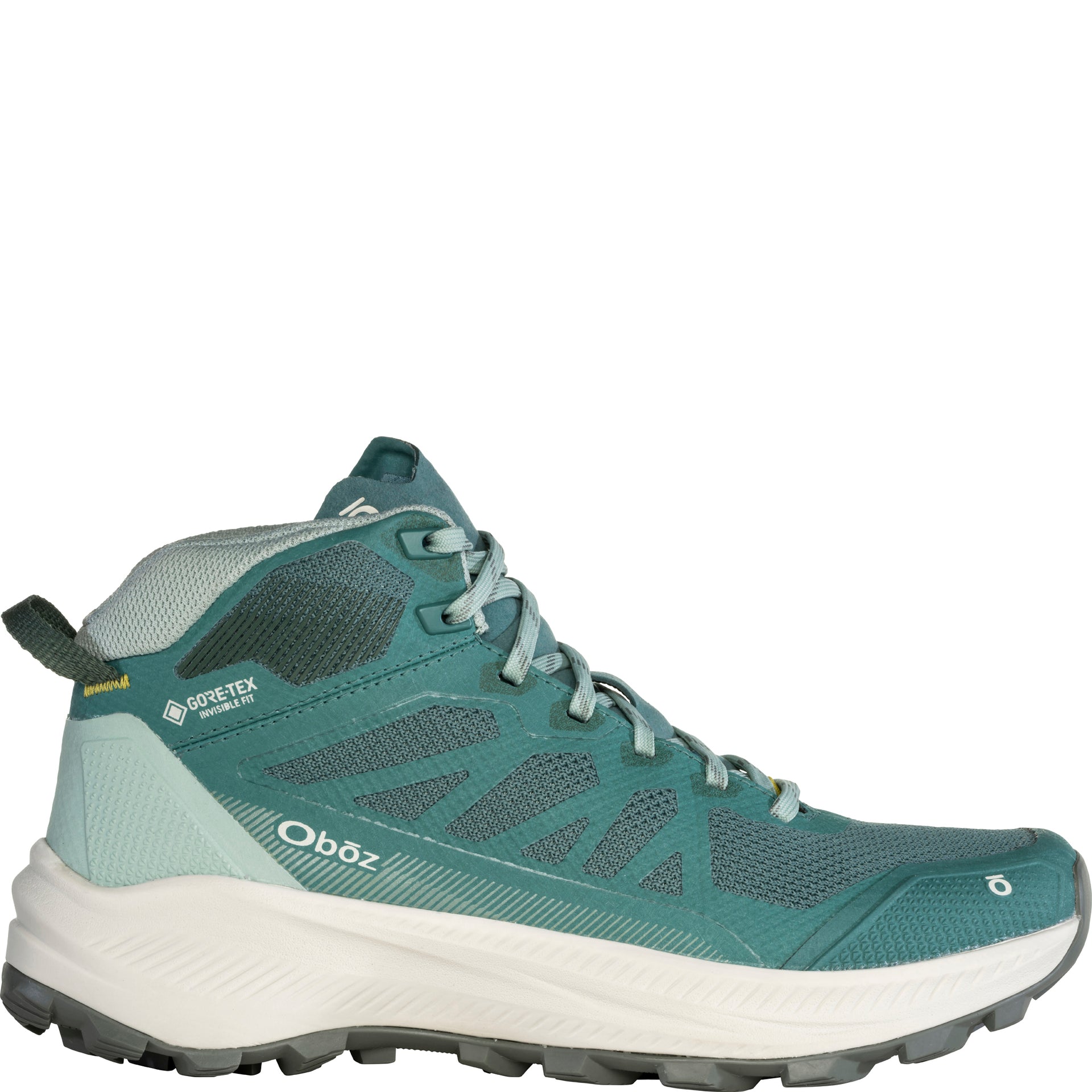Women's Oboz Katabatic LT Mid GTX Waterproof in Alpine Lake outside view showing breathable upper, protective overlays, heel structure, GORE-TEX