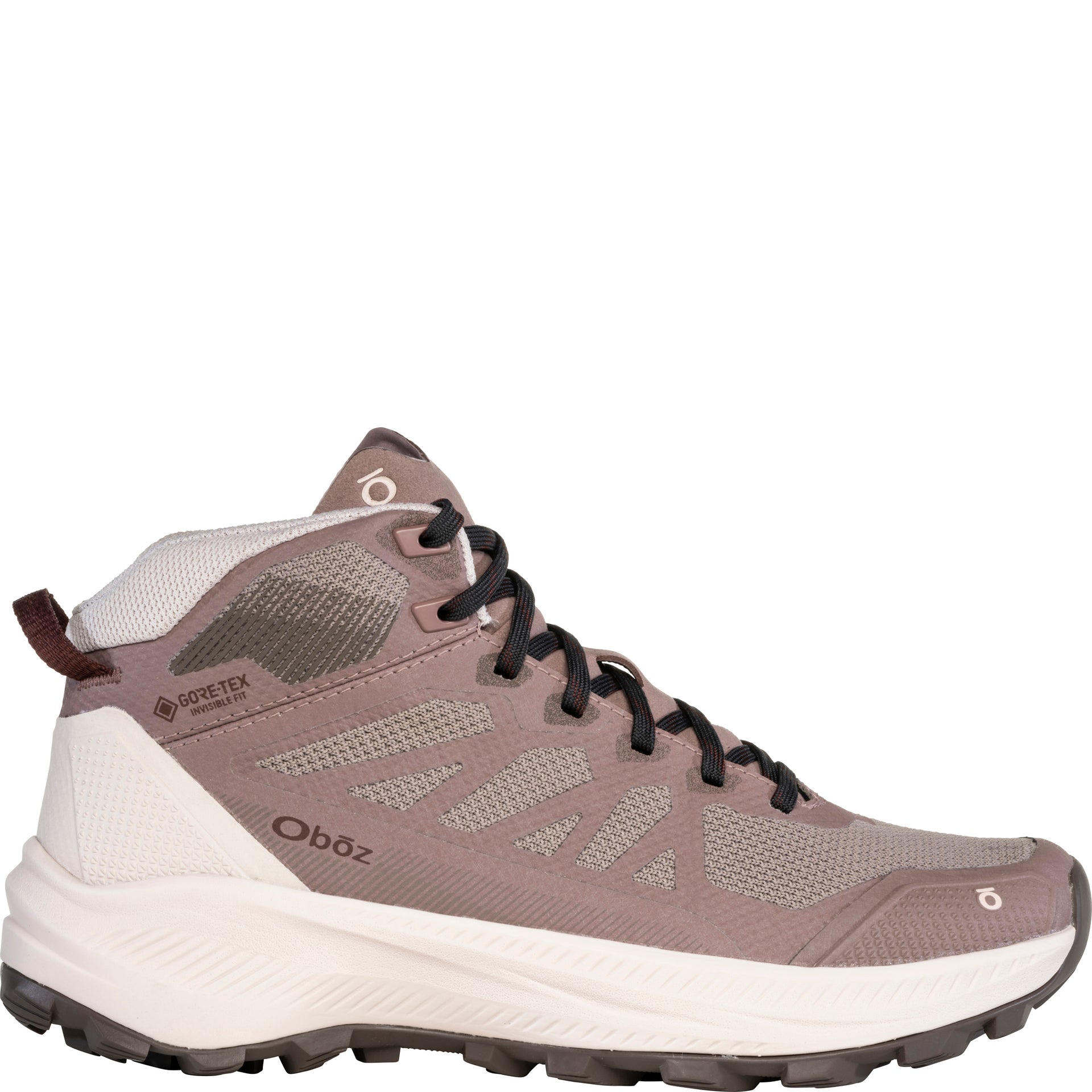 Women's Oboz Katabatic LT Mid GTX Waterproof in Fig outside view showing breathable upper, protective overlays, supportive heel structure, and waterproof GORE-TEX construction for lightweight trail performance