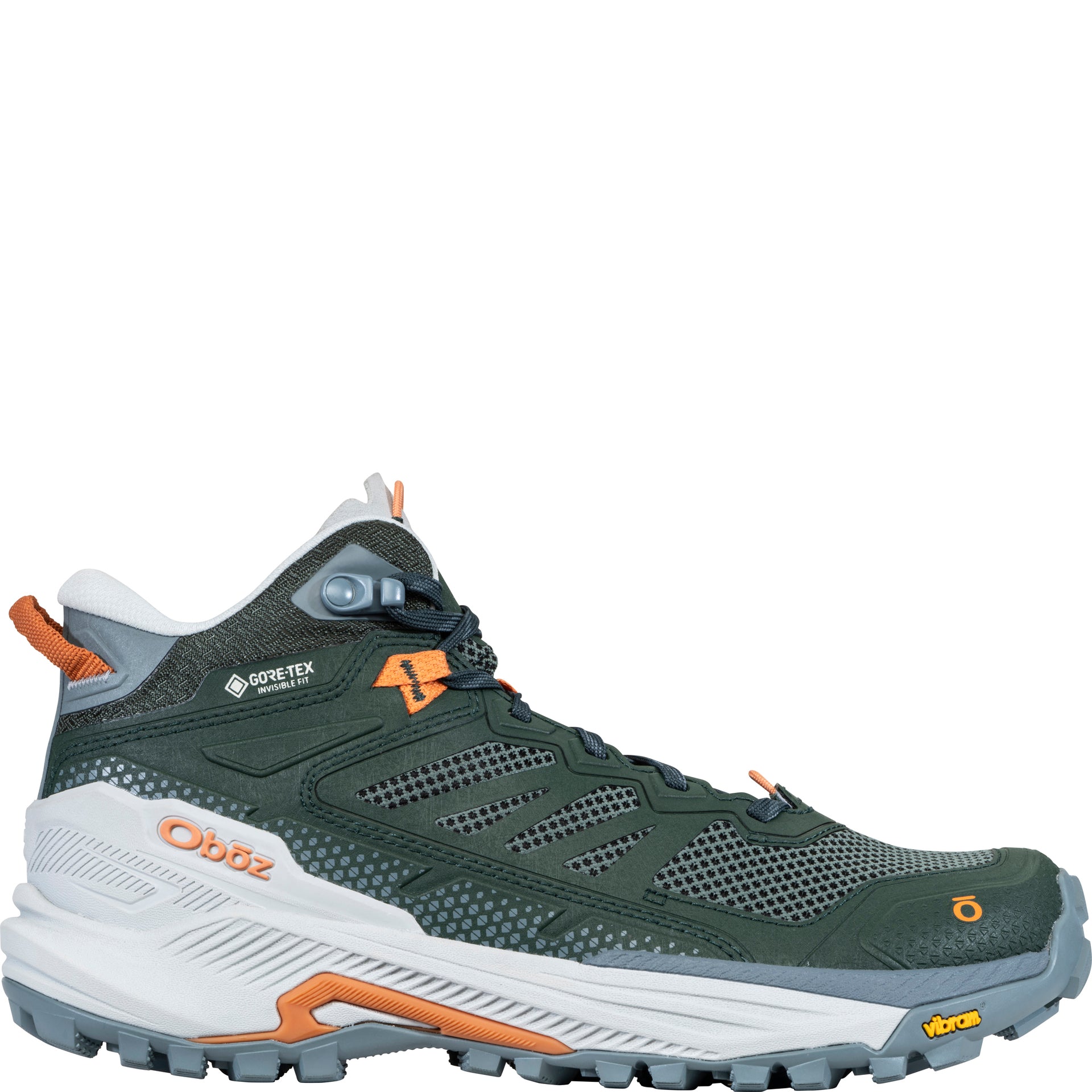 Women's Oboz Katabatic RT Mid GTX Waterproof in Rain Forest outside view showing ballistic mesh upper, GORE-TEX Invisible Fit, and supportive heel