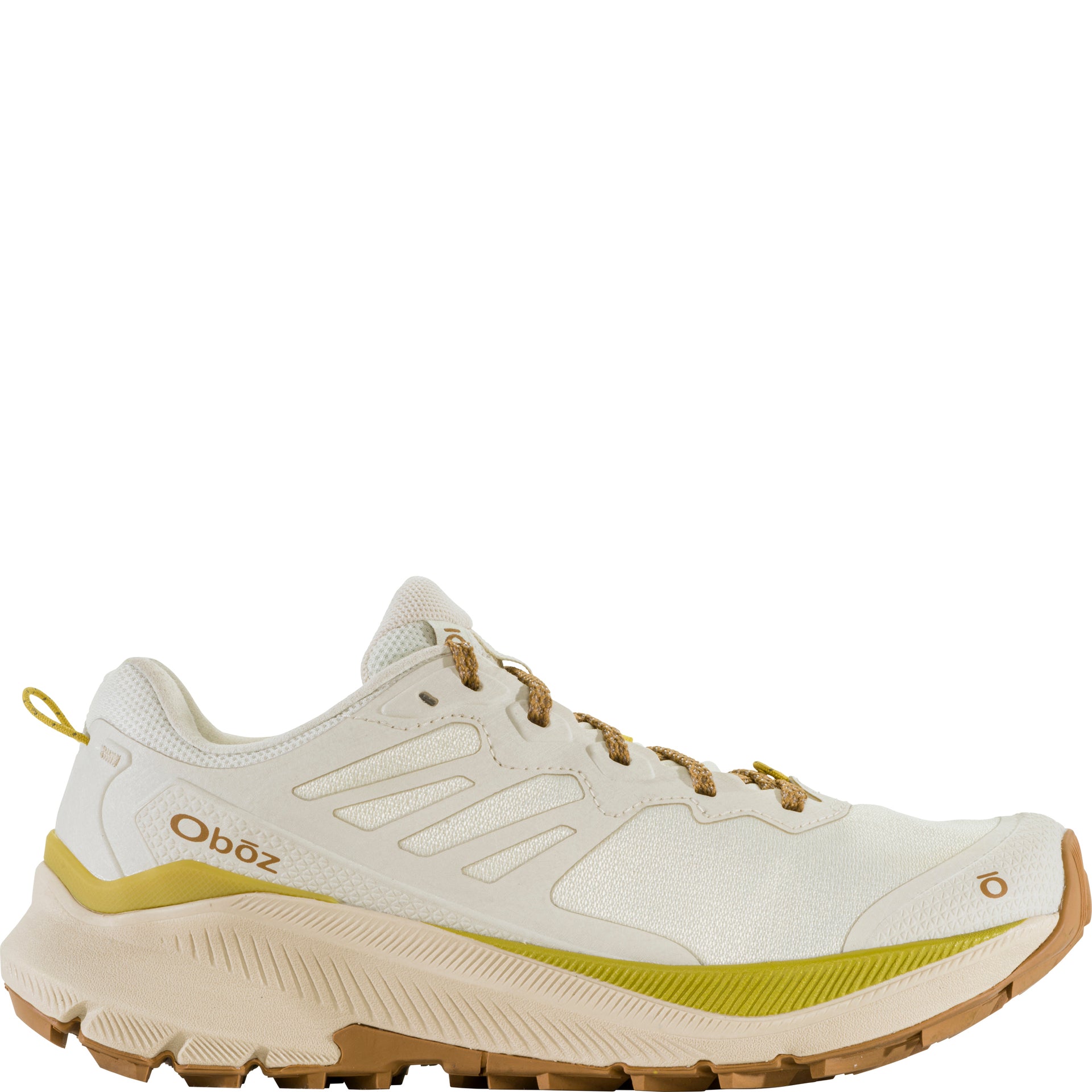 Women's Oboz Katabatic Wind Low in Sheepskin outside view showing breathable upper, protective overlays, and supportive heel for fast trail performance