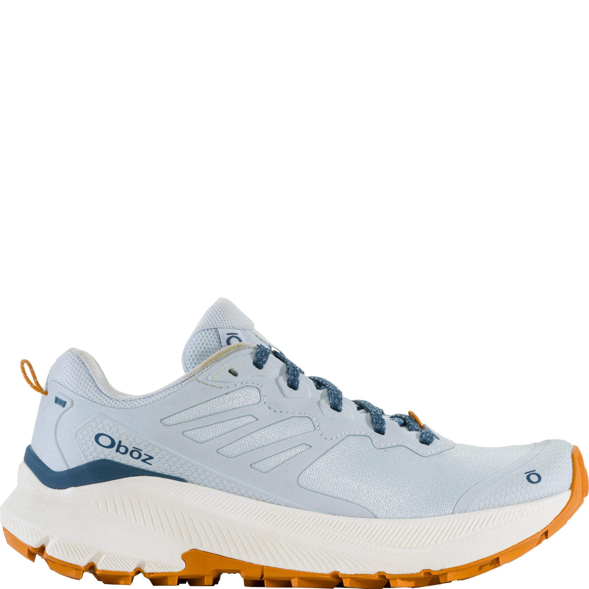 Women's Oboz Katabatic Wind Low in Skylight outside view showing breathable upper, protective overlays, and supportive heel for fast trail performance